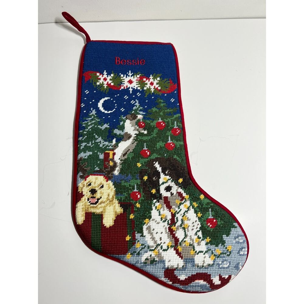 LL Bean LN Holiday Dogs Tree Christmas Stocking Bessie Cotton Needlepoint